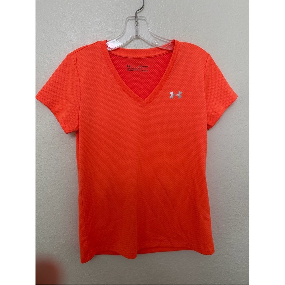 Under Armour HeatGear V-Neck Shirt Womens XS Neon Orange Excellent Mesh Workout - Picture 2 of 5
